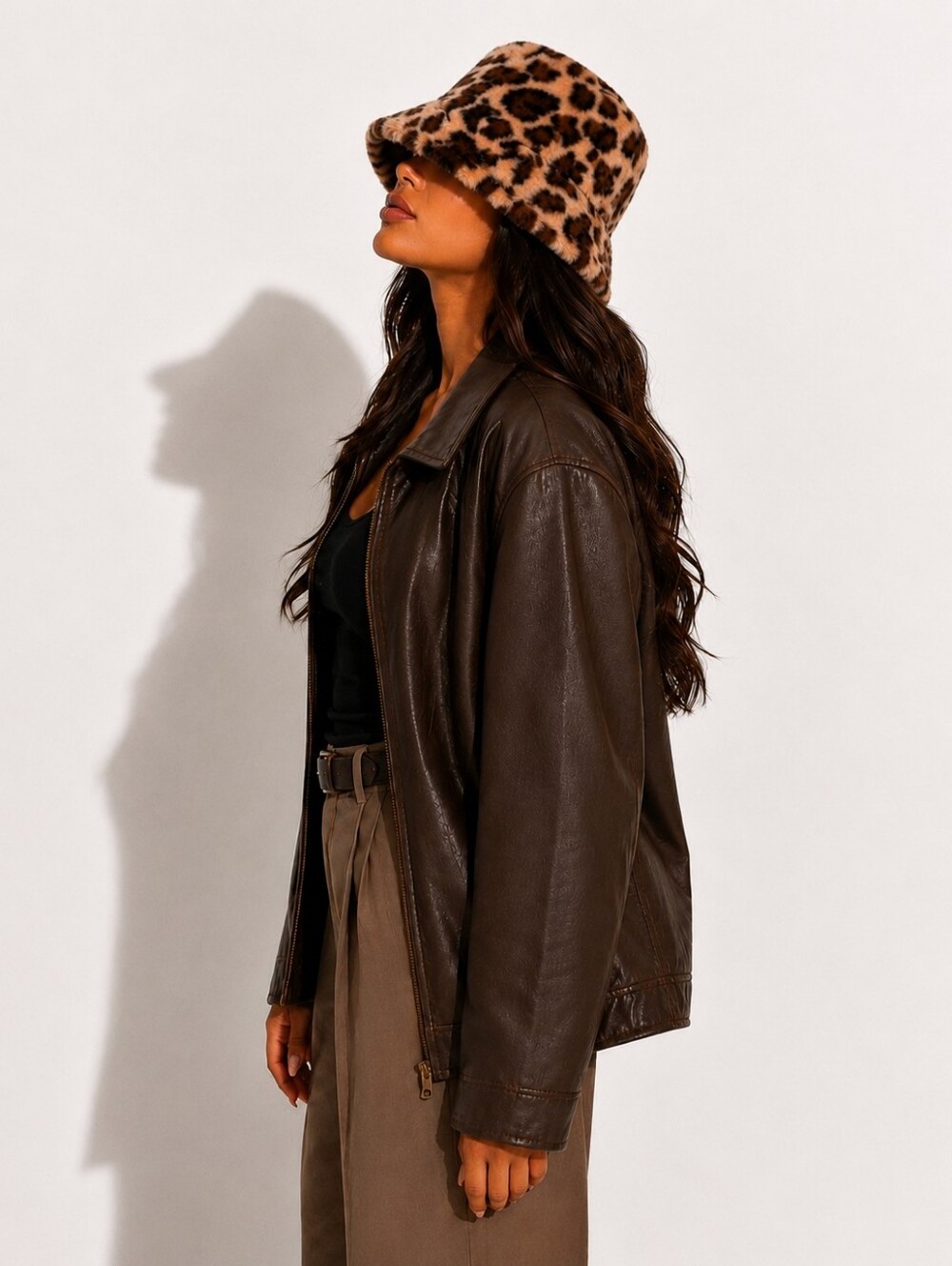 Fuzzy Leopard Print Faux Fur Bucket Hat | Brown Tan Animal Print - Picture 3 of 9